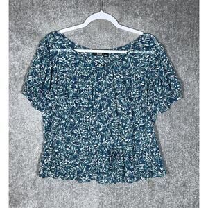 ANA A New Approach Leaf Print Sheer Pleated Ruffle Hem Top Women Size Large Teal